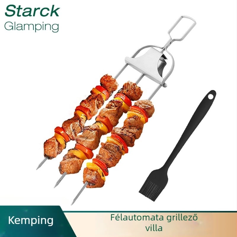 Vastagított rozsdamentes acél háromágú grillsvilla bárány kebab nyárshoz, kemping eszköz