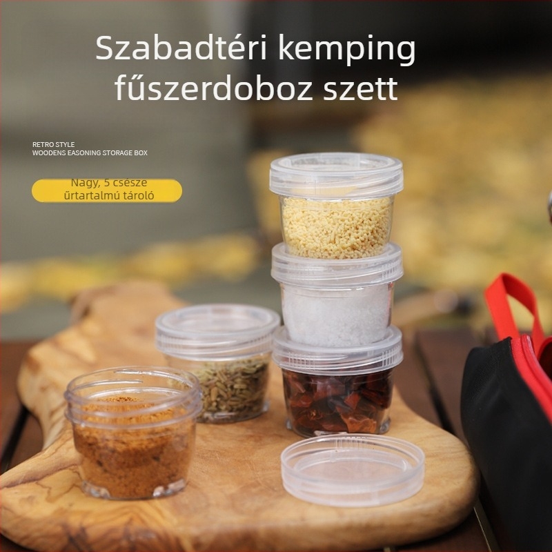 Hordozható kemping fűszertartó készlet – összekapcsolható üveg- és tégelyek kültéri grillsütéshez, lezárható, 5 darab