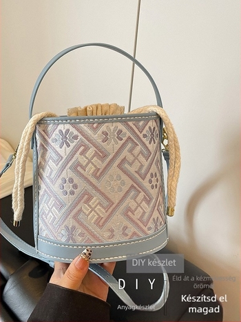 Női Zhuang brokát táska, DIY textil anyagból készült crossbody vödrötáska, PU anyag, klasszikus retro stílus, húzózsinóros zárás