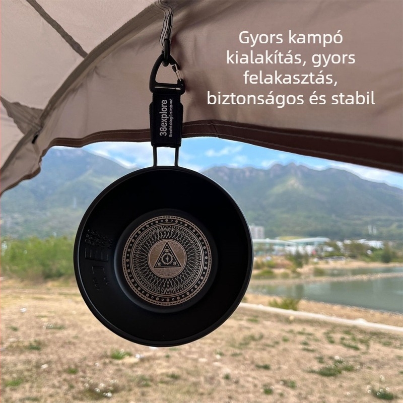 Hordozható kemping tál fekete totem motívummal, piknikhez és grillhez, rozsdamentes acél, tapadásmentes bevonattal