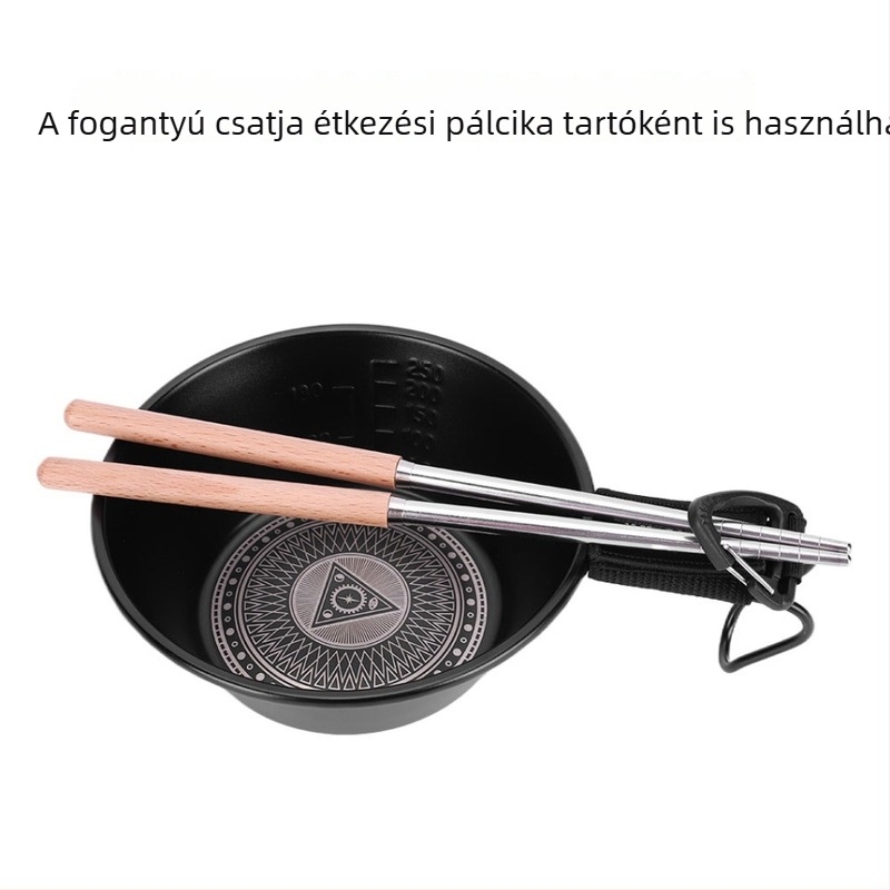 Hordozható kemping tál fekete totem motívummal, piknikhez és grillhez, rozsdamentes acél, tapadásmentes bevonattal