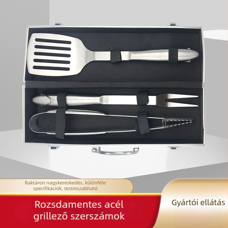 Rozsdamentes acél BBQ eszköz készlet piknikhez és kempingezéshez, hordozható, kés, villa, csipesz és lapát