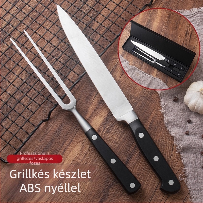 ABS fogantyús rozsdamentes acél kés és villa szett grillsütéshez, teppanyaki-stílusú BBQ, éles pengék, ajándékdoboz