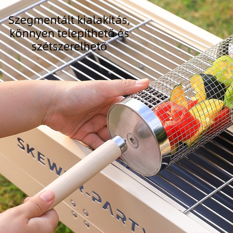 Forgó grillkosár fa fogantyúval, kültéri rozsdamentes acél grillkosár, grillcső és grillháló