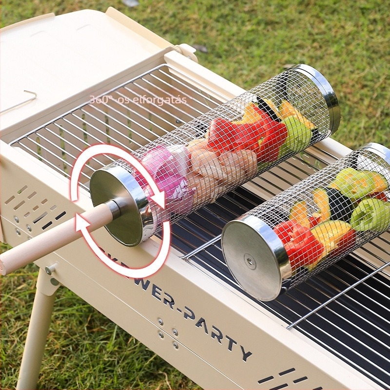 Forgó grillkosár fa fogantyúval, kültéri rozsdamentes acél grillkosár, grillcső és grillháló