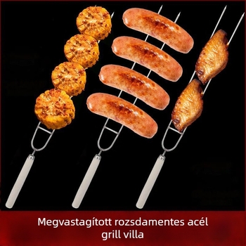 Kültéri dupla fejű rozsdamentes acél grillvilla fa nyéllel, grillcsirkeszárnyak és báránynyársak grillezésére