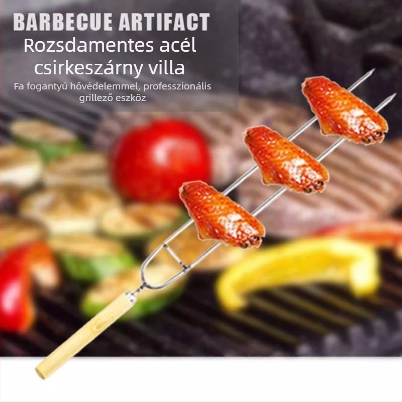 Kültéri dupla fejű rozsdamentes acél grillvilla fa nyéllel, grillcsirkeszárnyak és báránynyársak grillezésére