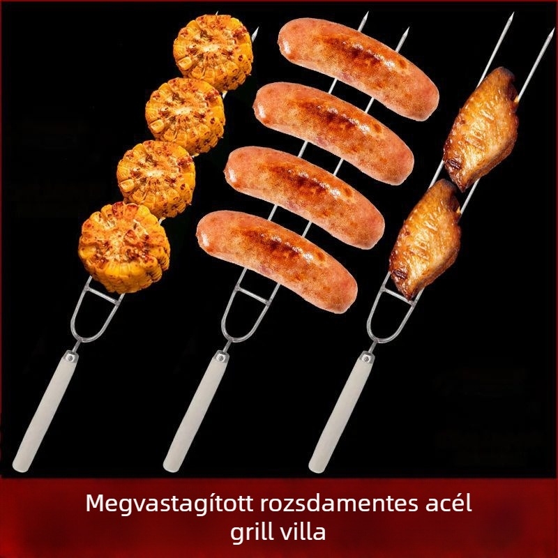 Kültéri dupla fejű rozsdamentes acél grillvilla fa nyéllel, grillcsirkeszárnyak és báránynyársak grillezésére