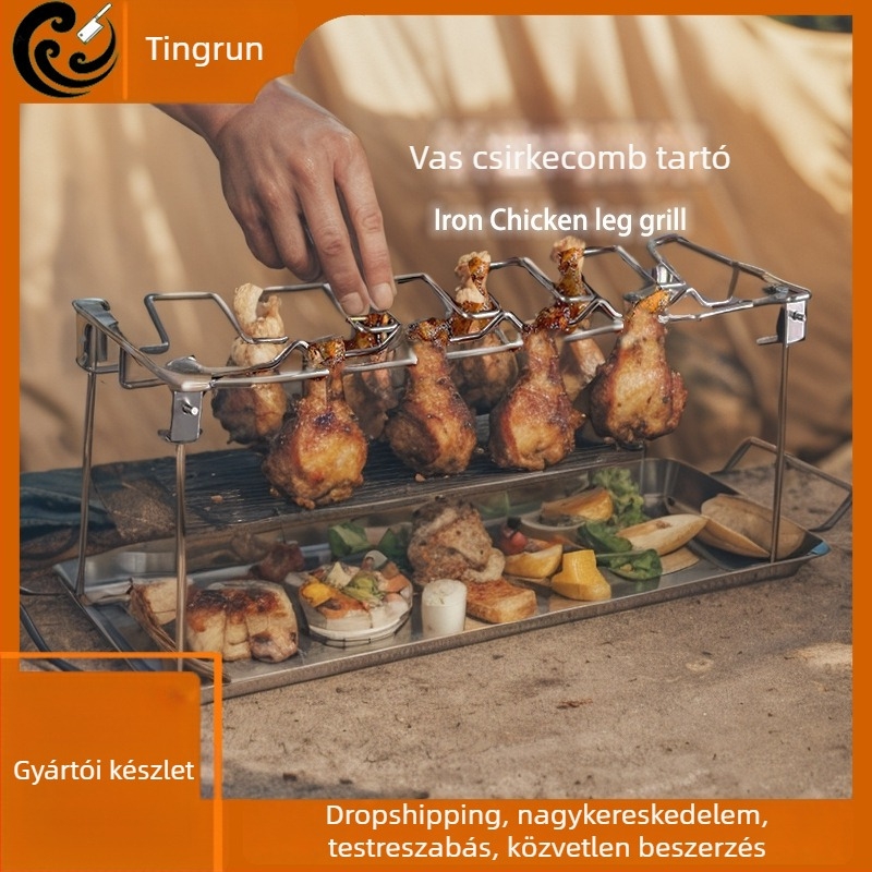 Összecsukható rozsdamentes acél csirkecomb-állvány BBQ-hez és kültéri grillezéshez, korrózióálló