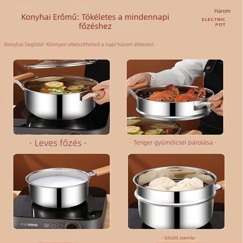 Rozsdamentes acélból készült leves- és pörkölt edény, egykezes tejfőzővel, kétszintes párolóedény, bébi étel-kiegészítő edény, indukációs főzőlaphoz