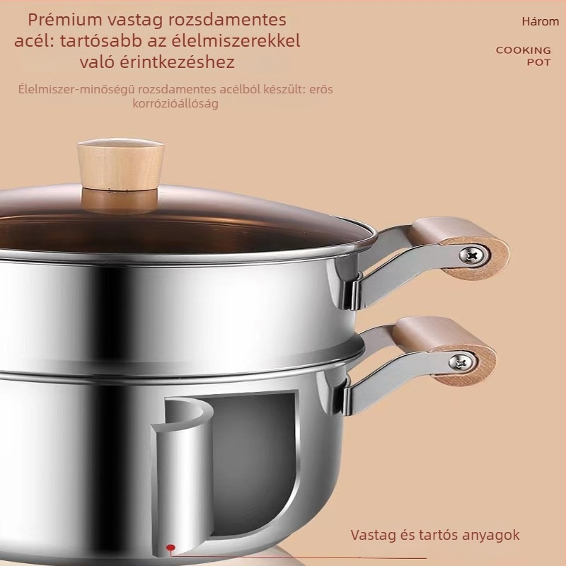 Rozsdamentes acélból készült leves- és pörkölt edény, egykezes tejfőzővel, kétszintes párolóedény, bébi étel-kiegészítő edény, indukációs főzőlaphoz