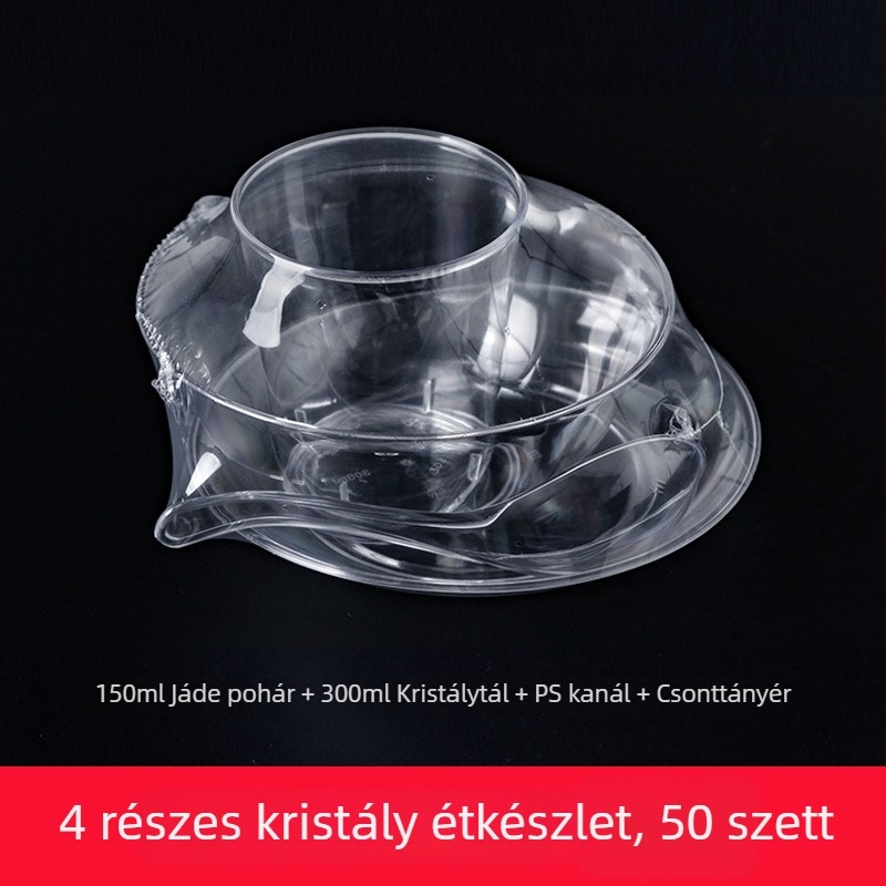Műanyag party étkészlet trombita virág motívummal, 10 darabos: tálak, tányérok, poharak és kanalak egyéni adagokhoz