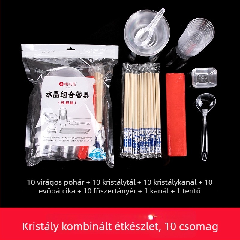 Műanyag party étkészlet trombita virág motívummal, 10 darabos: tálak, tányérok, poharak és kanalak egyéni adagokhoz