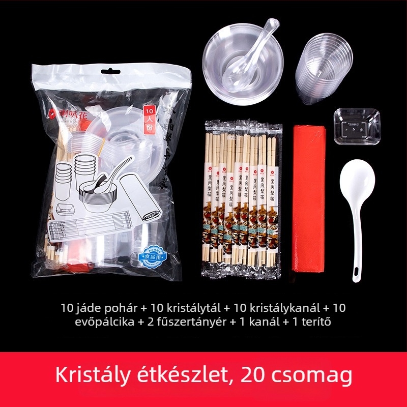 Műanyag party étkészlet trombita virág motívummal, 10 darabos: tálak, tányérok, poharak és kanalak egyéni adagokhoz