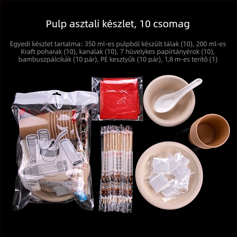 Műanyag party étkészlet trombita virág motívummal, 10 darabos: tálak, tányérok, poharak és kanalak egyéni adagokhoz