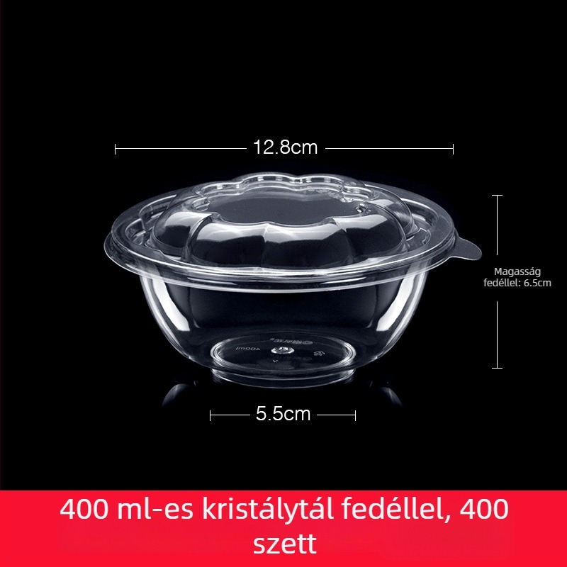 Műanyag party étkészlet trombita virág motívummal, 10 darabos: tálak, tányérok, poharak és kanalak egyéni adagokhoz