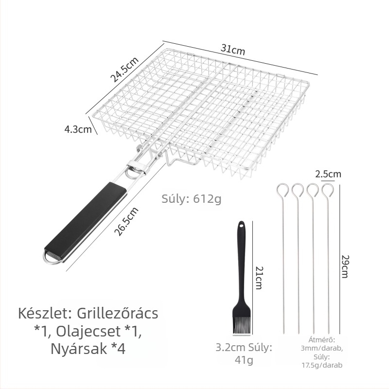 Összecsukható rozsdamentes acél grillszerszám készlet, hordozható hús- és halfogóval