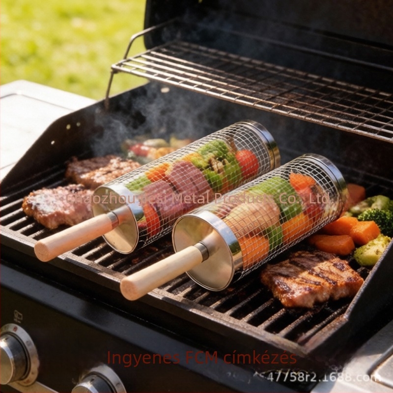 Rozsdamentes acélból készült kör alakú grills henger, fa nyéllel, forgó grillkosár külső használatra és füstölő háló