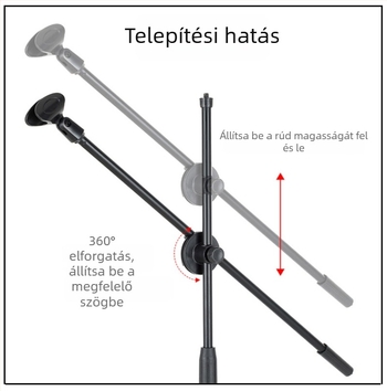 Mikrofonállvány vízszintes keresztrúddal, telefon-tartó klipekkel és dönthető rúddal, rögzítőlemez a tripodhoz