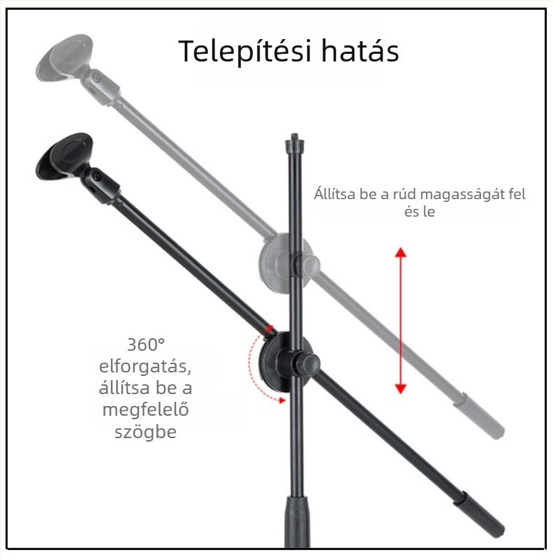 Mikrofonállvány vízszintes keresztrúddal, telefon-tartó klipekkel és dönthető rúddal, rögzítőlemez a tripodhoz