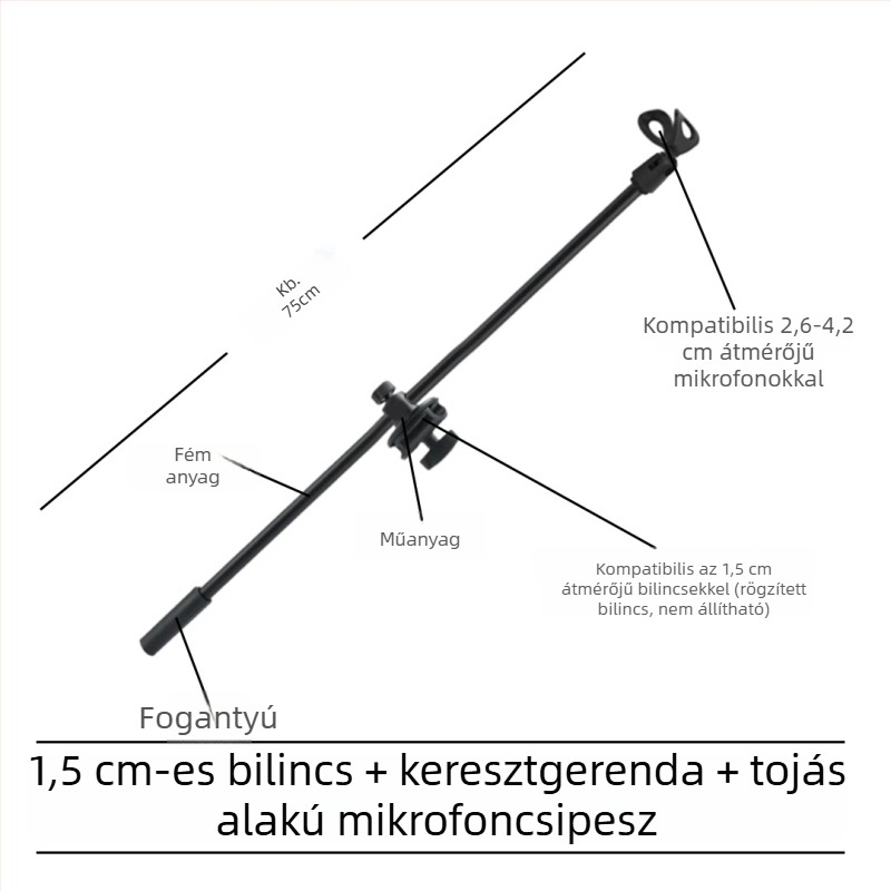 Mikrofonállvány vízszintes keresztrúddal, telefon-tartó klipekkel és dönthető rúddal, rögzítőlemez a tripodhoz