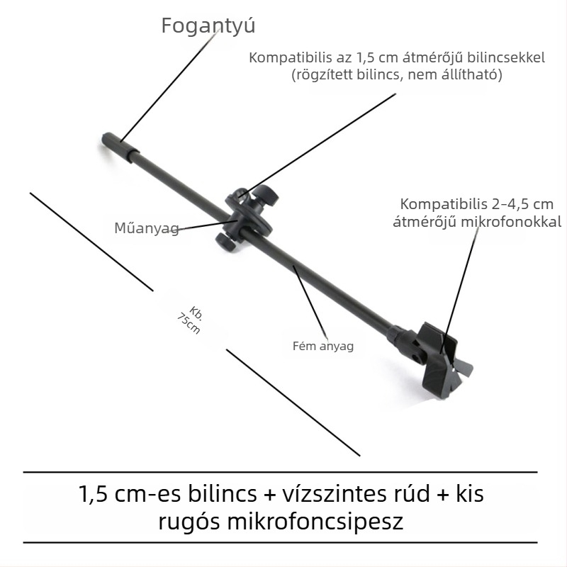 Mikrofonállvány vízszintes keresztrúddal, telefon-tartó klipekkel és dönthető rúddal, rögzítőlemez a tripodhoz