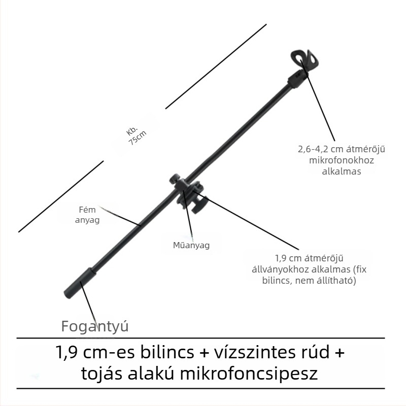 Mikrofonállvány vízszintes keresztrúddal, telefon-tartó klipekkel és dönthető rúddal, rögzítőlemez a tripodhoz