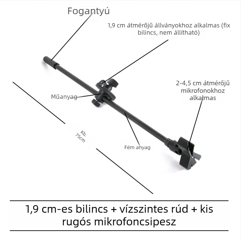 Mikrofonállvány vízszintes keresztrúddal, telefon-tartó klipekkel és dönthető rúddal, rögzítőlemez a tripodhoz