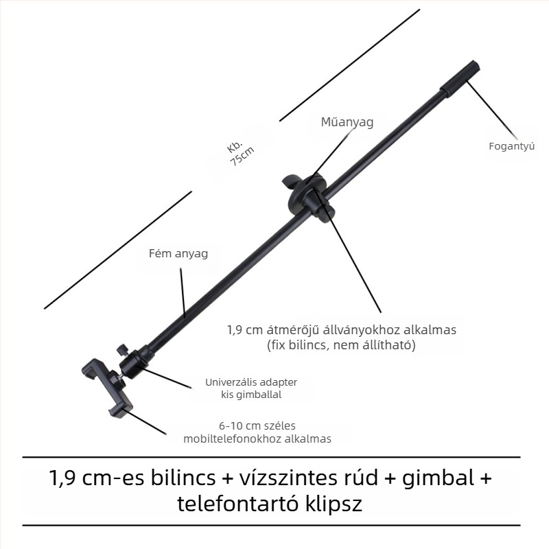Mikrofonállvány vízszintes keresztrúddal, telefon-tartó klipekkel és dönthető rúddal, rögzítőlemez a tripodhoz
