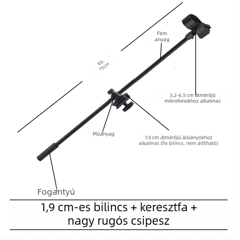 Mikrofonállvány vízszintes keresztrúddal, telefon-tartó klipekkel és dönthető rúddal, rögzítőlemez a tripodhoz