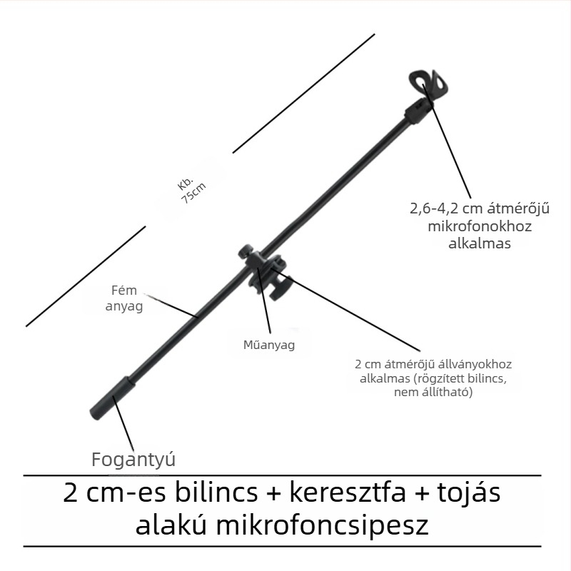 Mikrofonállvány vízszintes keresztrúddal, telefon-tartó klipekkel és dönthető rúddal, rögzítőlemez a tripodhoz