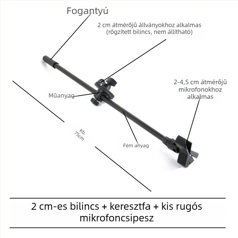 Mikrofonállvány vízszintes keresztrúddal, telefon-tartó klipekkel és dönthető rúddal, rögzítőlemez a tripodhoz