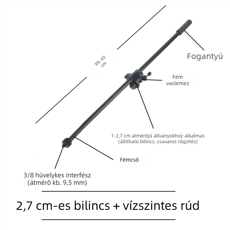Mikrofonállvány vízszintes keresztrúddal, telefon-tartó klipekkel és dönthető rúddal, rögzítőlemez a tripodhoz