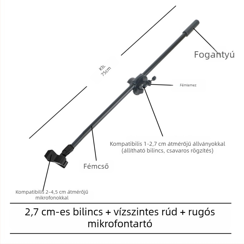Mikrofonállvány vízszintes keresztrúddal, telefon-tartó klipekkel és dönthető rúddal, rögzítőlemez a tripodhoz