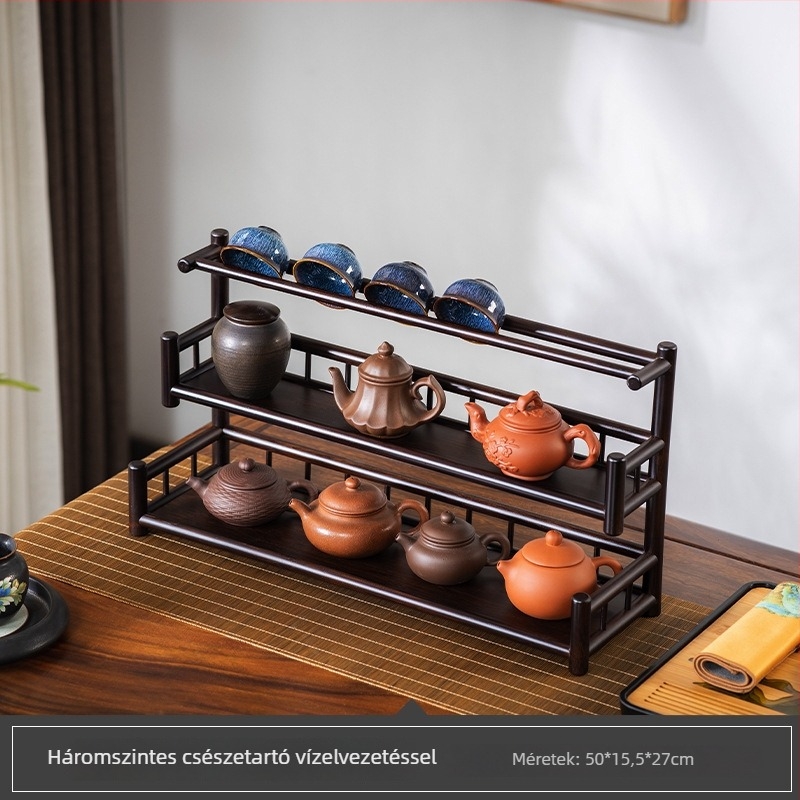 Bambusz teáscsésze és teáskanna állvány, tároló kínai stílusú teaházhoz, pultra kiállítás a Kung Fu tea ceremóniához