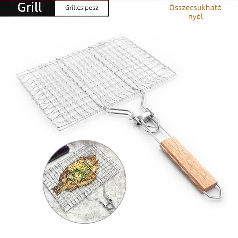 Rozsdamentes acél BBQ klipsz összecsukható nyéllel, négyszögletes grillrács és virslaklip