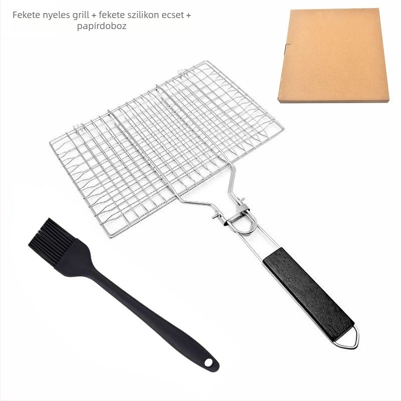 Rozsdamentes acél BBQ klipsz összecsukható nyéllel, négyszögletes grillrács és virslaklip