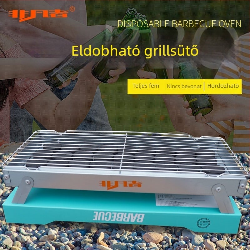 Összecsukható, hordozható széntüzelésű grill otthoni és kempingezésre, grillkészlet egyszer használatos