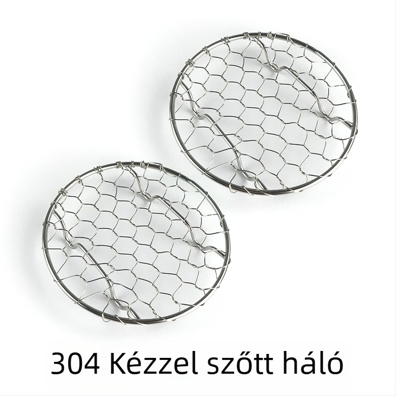 304 rozsdamentes acél kör alakú kézzel szőtt olajlevezető rács sült ételekhez, pirítós tartó és rozsdamentes grill