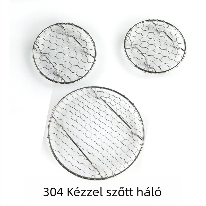 304 rozsdamentes acél kör alakú kézzel szőtt olajlevezető rács sült ételekhez, pirítós tartó és rozsdamentes grill