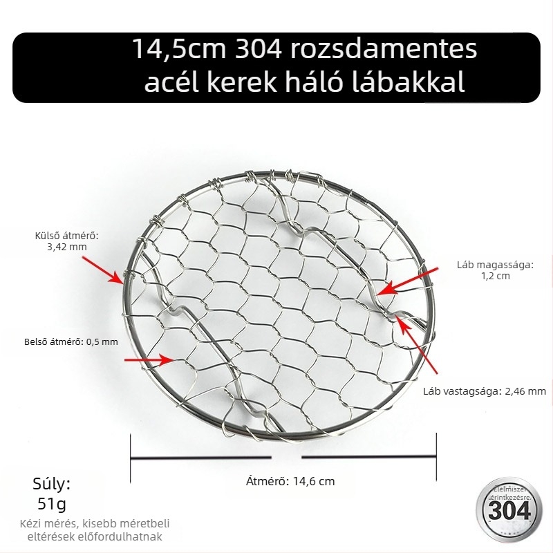 304 rozsdamentes acél kör alakú kézzel szőtt olajlevezető rács sült ételekhez, pirítós tartó és rozsdamentes grill