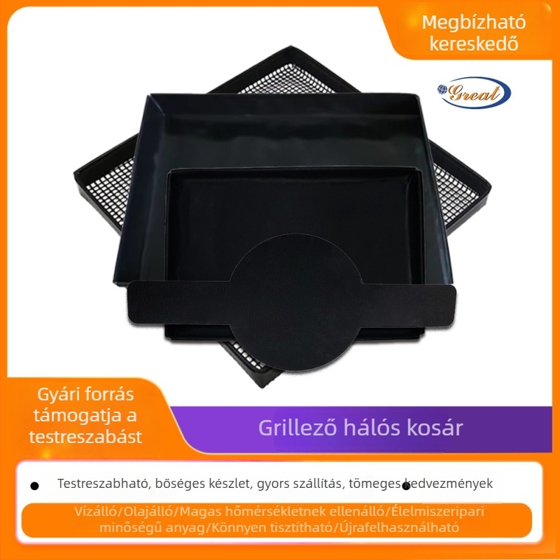 PTFE tapadásmentes grillhálós kosár hosszú fogantyúval, üvegszál-erősítéssel, hasábburgonya sütéséhez.