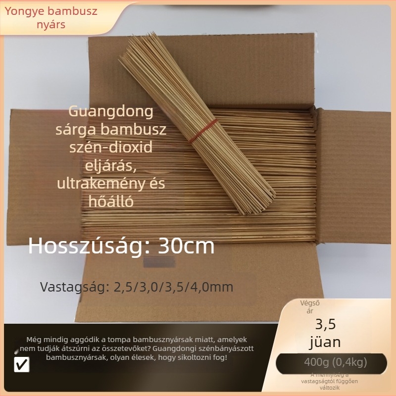 Szénnel kezelt bambusznyársak, 30 cm hosszúak, magas hőállóságúak, barbecue-hoz és malatanghoz.