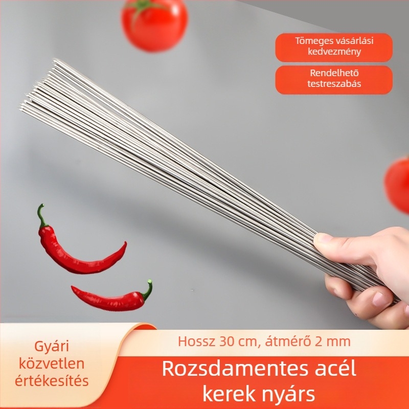 Rozsdamentes acél grillnyársak, kereskedelmi kivitelben, vastagabb körkörös nyársak grillhez hús és bárány számára, kampós nyársak