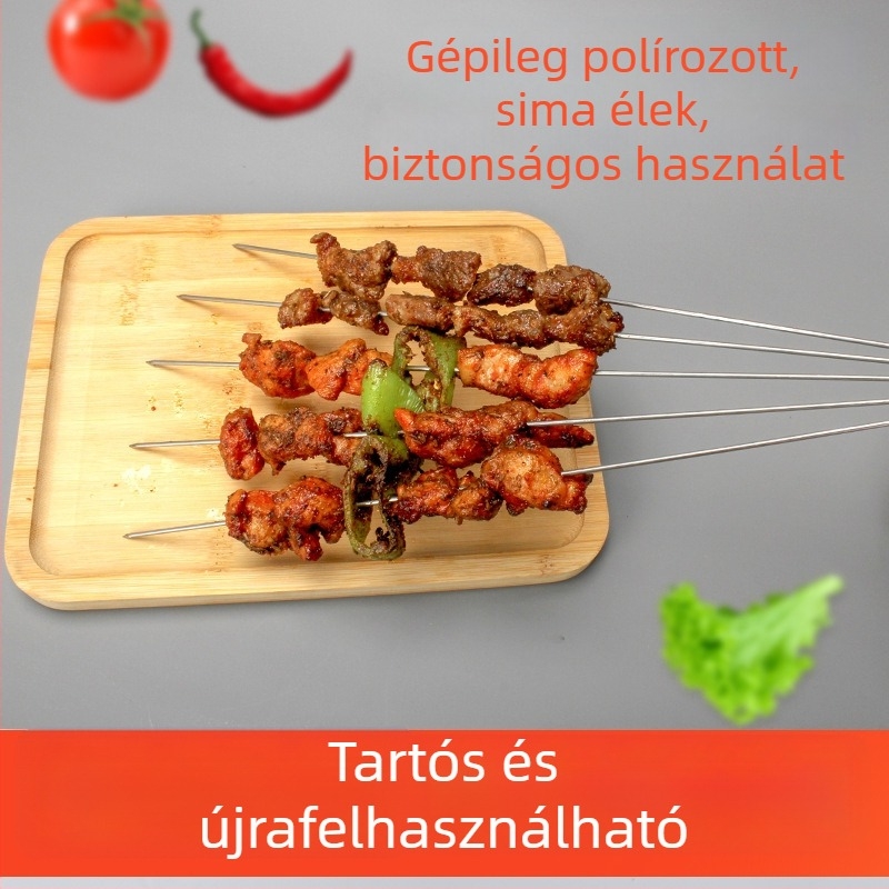 Rozsdamentes acél grillnyársak, kereskedelmi kivitelben, vastagabb körkörös nyársak grillhez hús és bárány számára, kampós nyársak