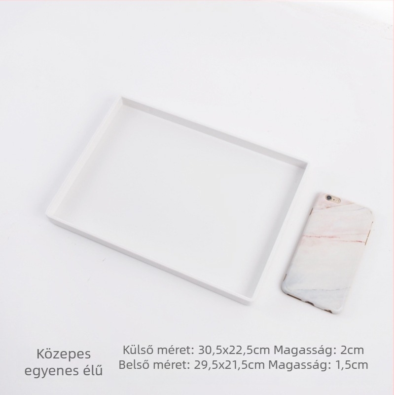 Téglalap alakú melamin tálca kis méretű lemezekkel, teás- és vizespoharokkal, szállodai szobákba, szépségszalonokba és otthoni használatra