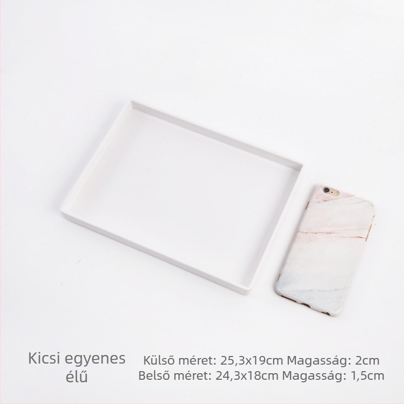 Téglalap alakú melamin tálca kis méretű lemezekkel, teás- és vizespoharokkal, szállodai szobákba, szépségszalonokba és otthoni használatra