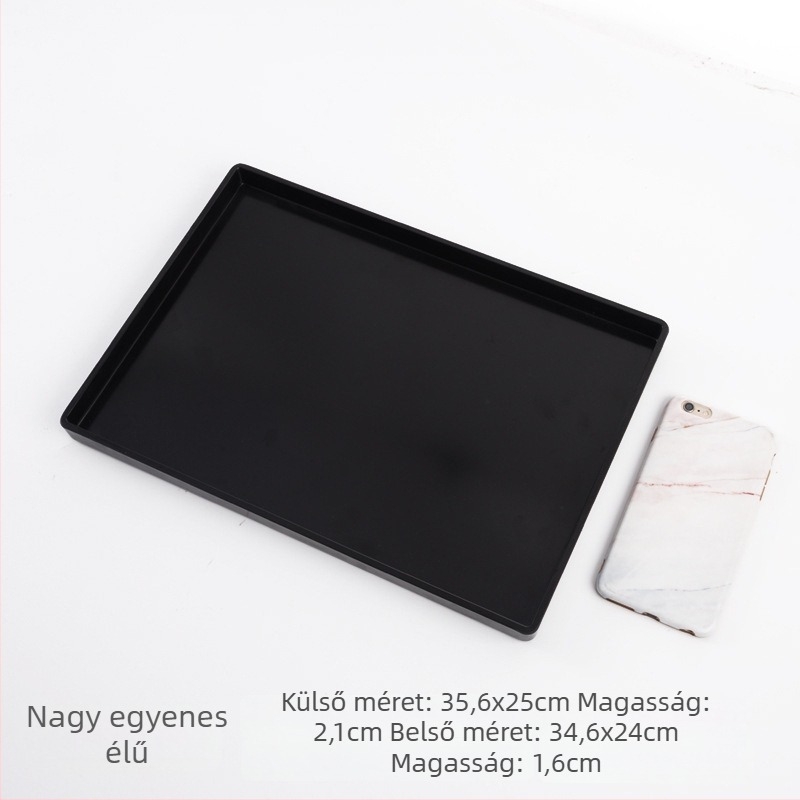 Téglalap alakú melamin tálca kis méretű lemezekkel, teás- és vizespoharokkal, szállodai szobákba, szépségszalonokba és otthoni használatra
