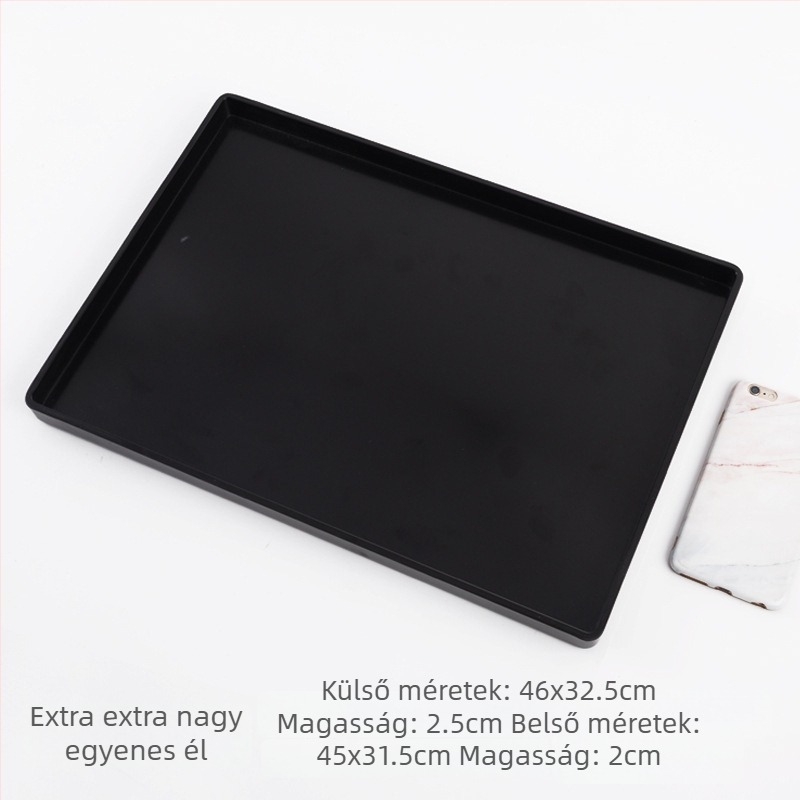 Téglalap alakú melamin tálca kis méretű lemezekkel, teás- és vizespoharokkal, szállodai szobákba, szépségszalonokba és otthoni használatra