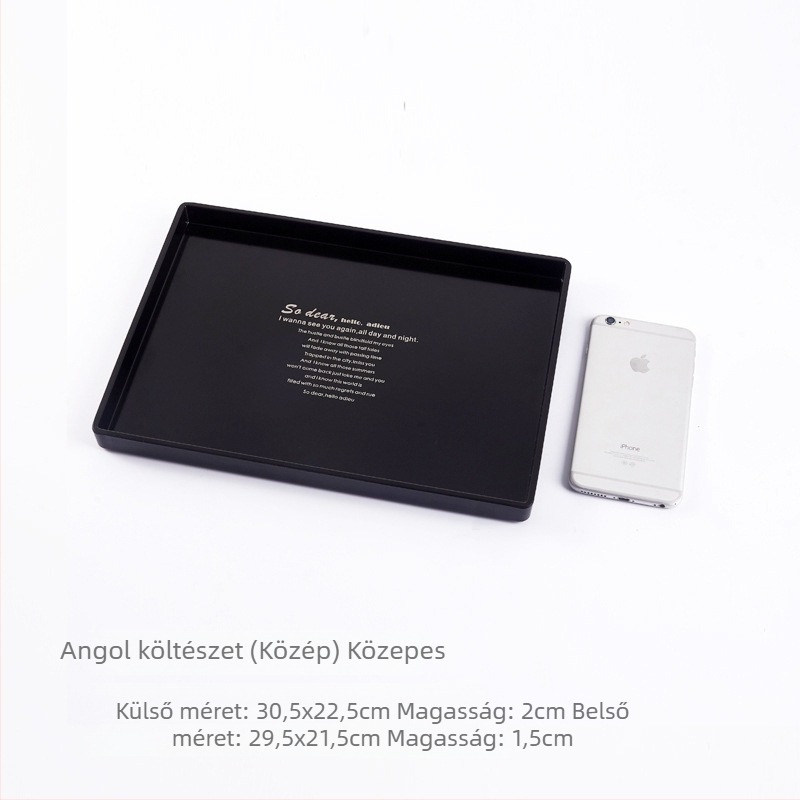 Téglalap alakú melamin tálca kis méretű lemezekkel, teás- és vizespoharokkal, szállodai szobákba, szépségszalonokba és otthoni használatra
